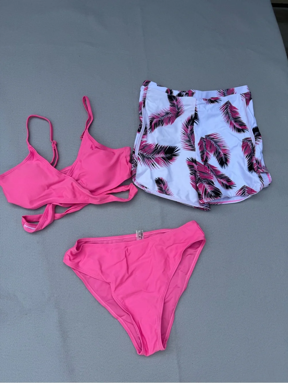 Girls 3 Piece Wrap Bikini Top with Bottoms and Shorts Swim Suit Size 170 aka 14